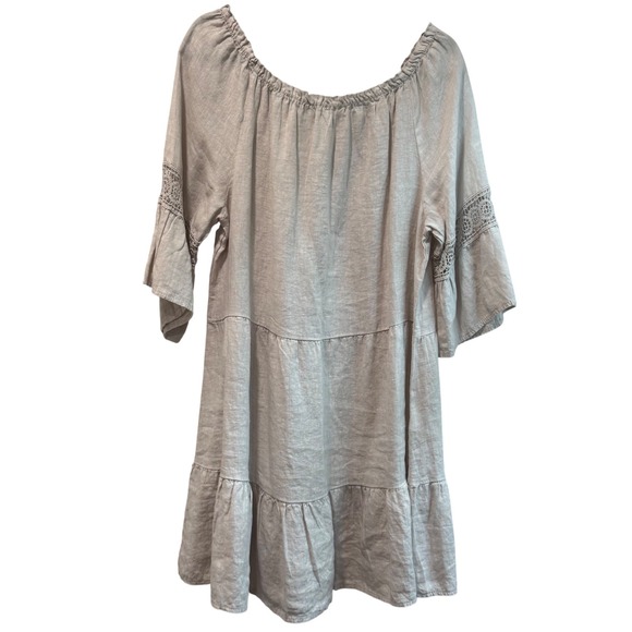 Terzo Millennio Dresses & Skirts - Terzo Millennio Italy Linen Tiered Mini Dress XL Beige Crochet Lace Bell Sleeve